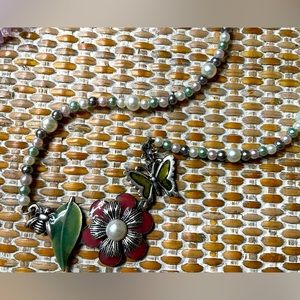 Faux Pearl Necklace with Butterfly, Flower, Leaf, and Bee